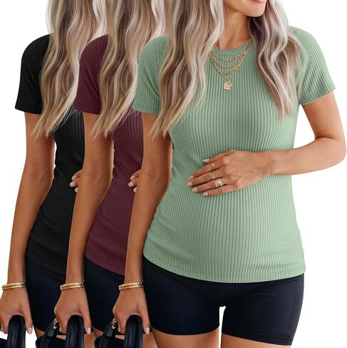 3 Pack Womens Maternity Shirts | Short Sleeve, Ribbed Knit, Pregnancy Tunic Top, Soft Crew Neck, Casual Clothes, Stretchy, Breathable, Daily Wear in Saudi Arabia