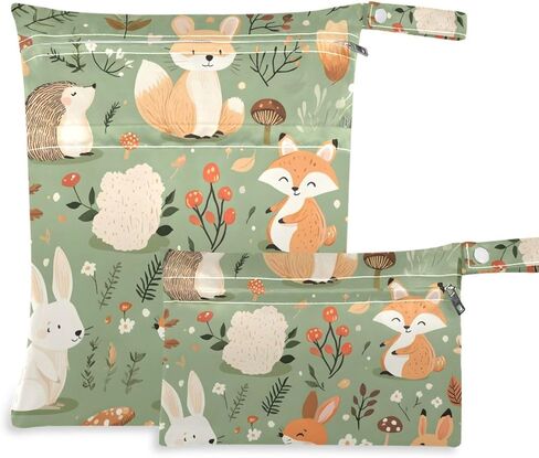 Woodland Animal Wet Dry Bags Set of 2, Reusable Waterproof Organizer with Zipper Pockets for Baby Diapers, Swimsuits, Beach Travel Toiletries Storage in Kuwait