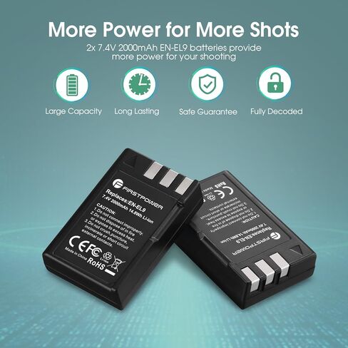 بطارية FirstPower EN-EL9 EN EL9a 2 حزمة 2000 مللي أمبير في الساعة وشاحن USB مزدوج متوافق مع كاميرات Nikon D40، D40x، D60، D3000، D5000 الرقمية SLR in Kuwait