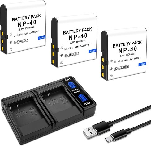 3 عبوات بطاريات NP-40، شاحن USB ثنائي القناة متوافق مع Casio NP-40 Kodak LB-060، GE GB-60 Exilim EX-Z400، Exilim EX-FC100، Exilim EX-FC100WE، Exilim EX-FC150، Exilim EX-FC150BK 3.7 فولت 1500 مللي أمبير في الساعة in Kuwait