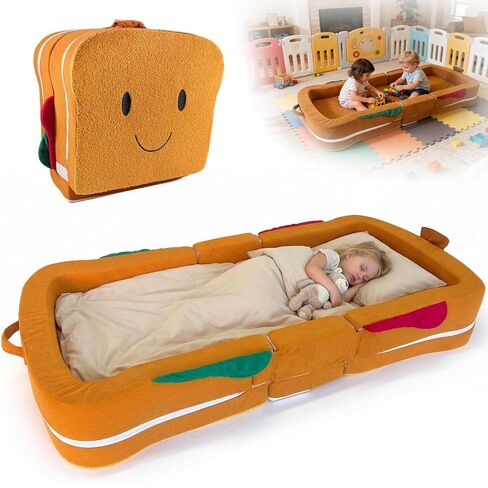 Toddler Travel Bed, Portable Toddler Floor Bed Washable Cover, Foldable Soft Foam Travel Crib for Baby and Kids, Toddler Cot for Home/Travel/Camping Sleep-Sandwich Shaped in Kuwait