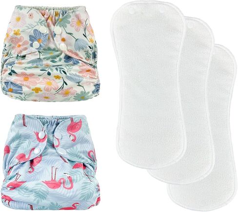 BISENKID 2 Pack Waterproof Cloth Diaper Cover Reusable Plastic Diaper Cover - Adjustable Outer Shell with 3 Pack Absorbent Diaper Inserts to Prevent Urine Blowouts for Baby Boy, Size 2 (18-35Pound) in Saudi Arabia