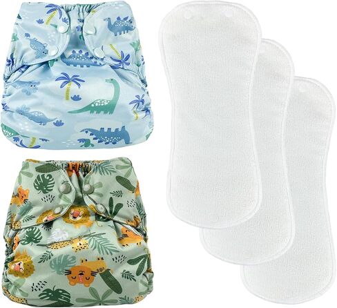 BISENKID 2 Pack Waterproof Cloth Diaper Cover Reusable Plastic Diaper Cover - Adjustable Outer Shell with 3 Pack Absorbent Diaper Inserts to Prevent Urine Blowouts for Baby Boy, Size 2 (18-35Pound) in Saudi Arabia