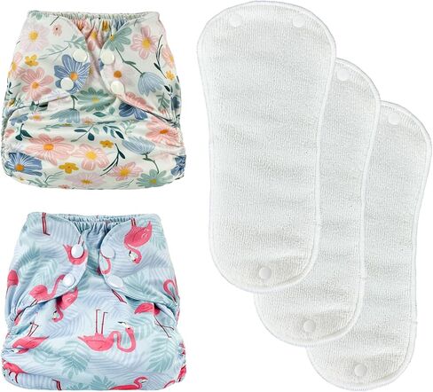 BISENKID 2 Pack Waterproof Cloth Diaper Cover Reusable Plastic Diaper Cover - Adjustable Outer Shell with 3 Pack Absorbent Diaper Inserts to Prevent Urine Blowouts for Baby Boy, Size 2 (18-35Pound) in Saudi Arabia