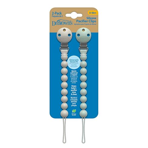 Dr. Brown's Silicone Pacifier Clips, Universal Fit Strap for Pacifiers, Green/Gray, BPA Free, 0-18 Months, 2-Pack in Kuwait