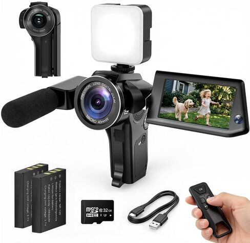 كاميرا Vlog Bundle، كاميرا فيديو 8K مع واي فاي، وضع العرض المزدوج، تكبير رقمي 16X، شاشة قلاب 3.0 بوصة، ميكروفون، ضوء ملء، جهاز تحكم عن بعد، بطاقة 32 جيجابايت، بطاريتان، أسود in Kuwait