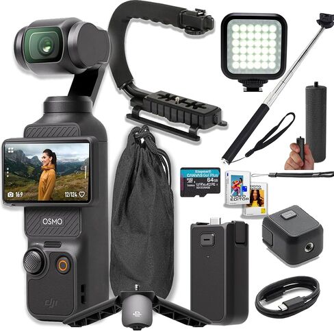 مجموعة DJI Osmo Pocket 3 Capture More Combo Creator - كاميرا CMOS بدقة 4K/120 إطارًا في الثانية مقاس 1 بوصة + ضوء فيديو LED + ذاكرة سعة 64 جيجابايت، وقبضة، وقبضة U، وعصا سيلفي + المزيد in Kuwait