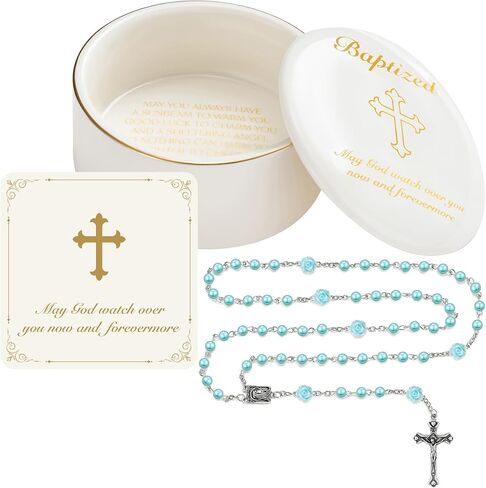 NORBU Baptism Gifts for Girl, My First Rosary with Ceramic Keepsake Box, Rosary for Kids, First Communion & Baby Dedication Gifts for Newborn Baby Boys Catholic Christening Gift in Kuwait