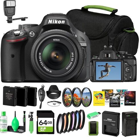 كاميرا Nikon D5200 DSLR مع عدسة II مقاس 18-55 مم. مستشعر DX APS-C بدقة 1 ميجابكسل وشاشة LCD متغيرة الزاوية + طقم مرشح مقاس 52 مم + برنامج صور + بطاقة سعة 64 جيجابايت + بطاريتين EN-EL14 بديلتين + المزيد (حزمة مكونة من 20 قطعة) in Kuwait