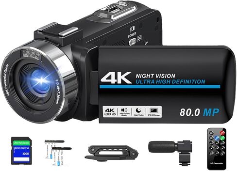 4K Camcorder Video Camera HD 80MP IR Night Vision Vlogging Camera for YouTube 18X Digital Zoom Camera Autofocus 3.0" 270°Rotation IPS Screen Video Recorder with 32GB SD Card, Lens Cap and 2 Batteries in Kuwait