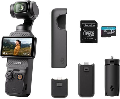 DJI Osmo Pocket 3، كاميرا تسجيل فيديو، كاميرا تسجيل فيديو بدقة 4K/120 إطارًا في الثانية، تثبيت ثلاثي المحاور، تتبع الوجه/الأشياء، + ذاكرة 64 جيجابايت، 2 ميكروفون، برامج + المزيد (حزمة تسجيل فيديو للبودكاست) in Kuwait