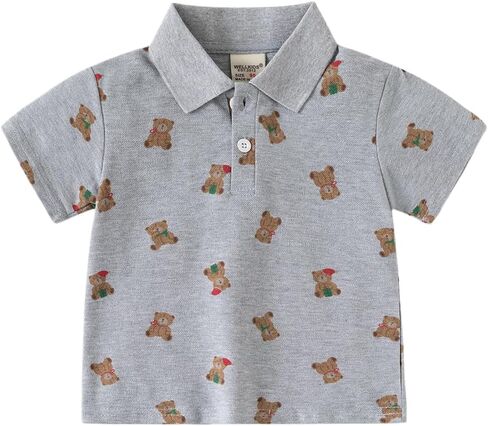 Toddler Boys Bear Print Polo Shirt, 2-Pack Short Sleeve Pique Polo with Contrast Collar, Casual Kids Tops in Kuwait