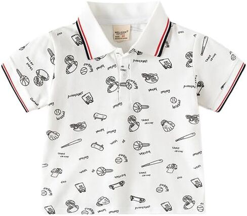 Toddler Boys Sports Print Polo Shirt, Short Sleeve Polo with Contrast Collar, Casual Kids Tops for Daily Wear & Play in Kuwait