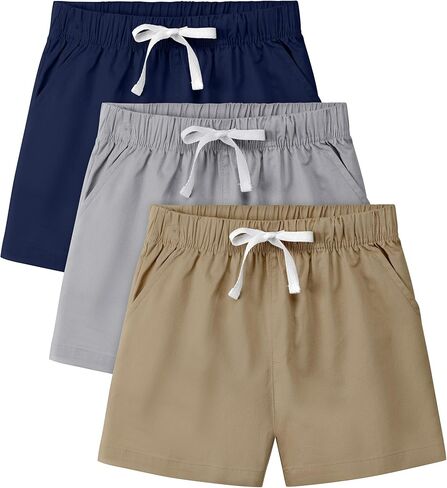 Cooraby 3 Pack Toddler Boys Shorts Elastic Waist Chino Cargo Uniform Shorts Soft Cotton with Drawstring Pockets 2T-5T in Kuwait