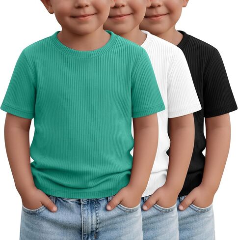 3 Pack Baby Boys T-Shirts Toddler 18M-5T Short Sleeve Summer Ribbed Crew Neck Soft Loose Shirts Infant Clothes Tees in Kuwait