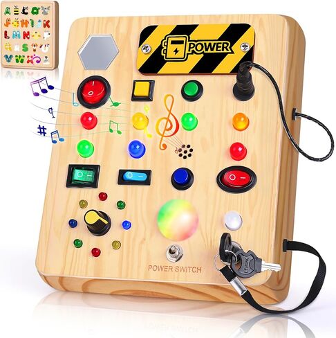 TINTECUSA Busy Board Montessori Toys for Toddler, Wooden Sensory Board Switch Toy with Shape Sorter LED Light Up Toys Educational Plane Travel Activity for Girls & Boys in Kuwait