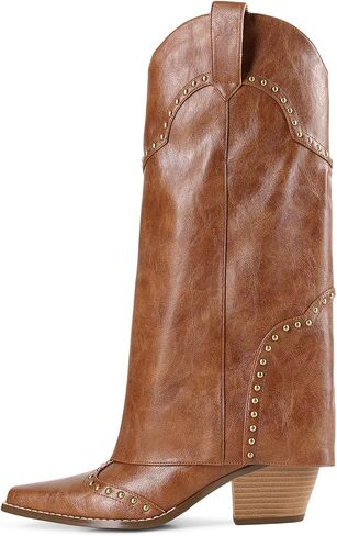 LOCERICH Cowboy Boots for Women, Fold Over Knee High Shark Boots Mid Calf Chunky Heel Pointed Toe Dress Tall Boots for Daily Dress & Party in Saudi Arabia