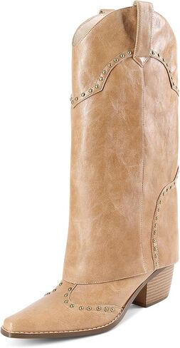 LOCERICH Cowboy Boots for Women, Fold Over Knee High Shark Boots Mid Calf Chunky Heel Pointed Toe Dress Tall Boots for Daily Dress & Party in Kuwait