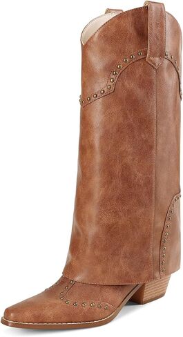 LOCERICH Cowboy Boots for Women, Fold Over Knee High Shark Boots Mid Calf Chunky Heel Pointed Toe Dress Tall Boots for Daily Dress & Party in Saudi Arabia