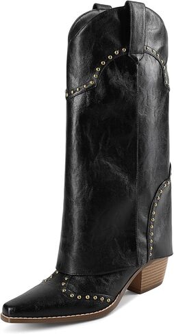 LOCERICH Cowboy Boots for Women, Fold Over Knee High Shark Boots Mid Calf Chunky Heel Pointed Toe Dress Tall Boots for Daily Dress & Party in Saudi Arabia