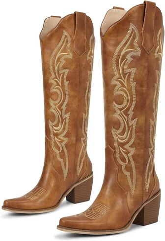 wetkiss Cowboy Boots for Women Knee High Cowgirl Boots with Chunky Low Heel and Pointed Toe, Womens Retro Embroidered Western Boot for Concert Party Festival Event in Saudi Arabia