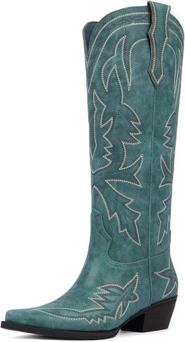 VIUGJNEX Cowboy Boots for Women Knee High Embroidered Pull on Cowgirl Boots Pointed Toe Chunky Low Heel Wide Calf Western Boot for Women in Kuwait