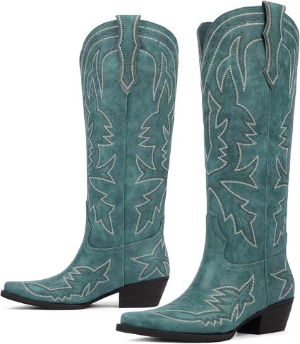 VIUGJNEX Cowboy Boots for Women Knee High Embroidered Pull on Cowgirl Boots Pointed Toe Chunky Low Heel Wide Calf Western Boot for Women in Kuwait