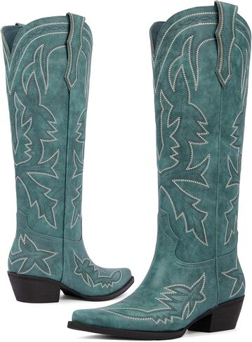 VIUGJNEX Cowboy Boots for Women Knee High Embroidered Pull on Cowgirl Boots Pointed Toe Chunky Low Heel Wide Calf Western Boot for Women in Kuwait