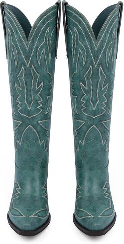 VIUGJNEX Cowboy Boots for Women Knee High Embroidered Pull on Cowgirl Boots Pointed Toe Chunky Low Heel Wide Calf Western Boot for Women in Kuwait