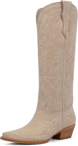 VIUGJNEX Cowboy Boots for Women Knee High Embroidered Pull on Cowgirl Boots Pointed Toe Chunky Low Heel Wide Calf Western Boot for Women in Kuwait