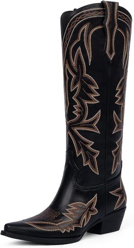 VIUGJNEX Cowboy Boots for Women Knee High Embroidered Pull on Cowgirl Boots Pointed Toe Chunky Low Heel Wide Calf Western Boot for Women in Kuwait