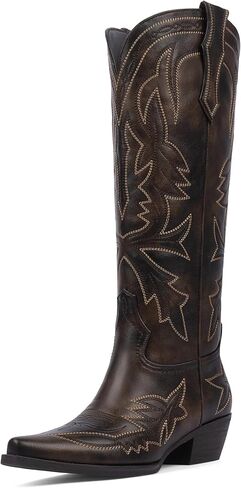 VIUGJNEX Cowboy Boots for Women Knee High Embroidered Pull on Cowgirl Boots Pointed Toe Chunky Low Heel Wide Calf Western Boot for Women in Kuwait