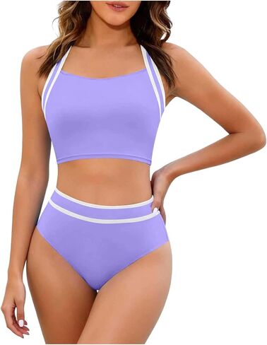 Lmdudan Women's High Waisted Bikini Sets Two Piece Swimsuits Sporty Tummy Control Bathing Suit Color Block Swim Suit 2026 in Kuwait