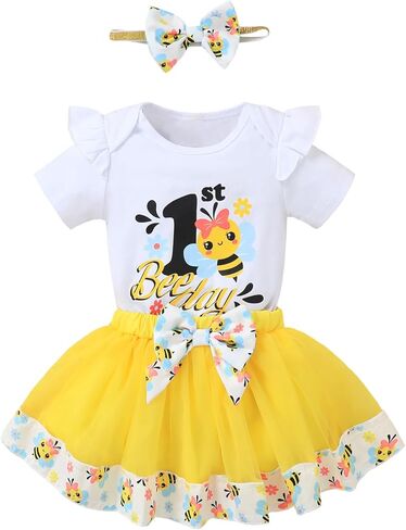 Baby Girl 1st Bee Day Outfit Girl 1st Birthday Clothes Set Bee Theme Tulle Skirt Birthday Romper in Saudi Arabia