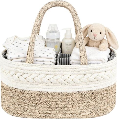 Diaper Caddy Organizer, Cotton Rope Baby Basket for Nursery and Changing Table, Portable Diaper Caddy with Removable Divider for Newborn Parents, Home and Car Travel, White and Brown in Kuwait