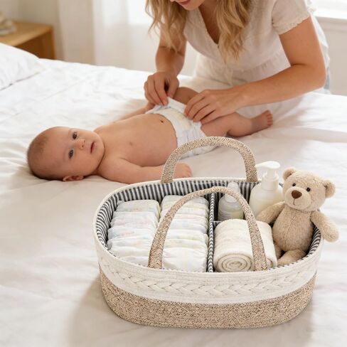 Diaper Caddy Organizer, Cotton Rope Baby Basket for Nursery and Changing Table, Portable Diaper Caddy with Removable Divider for Newborn Parents, Home and Car Travel, White and Brown in Kuwait