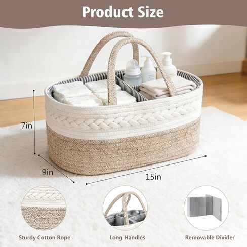 Diaper Caddy Organizer, Cotton Rope Baby Basket for Nursery and Changing Table, Portable Diaper Caddy with Removable Divider for Newborn Parents, Home and Car Travel, White and Brown in Kuwait