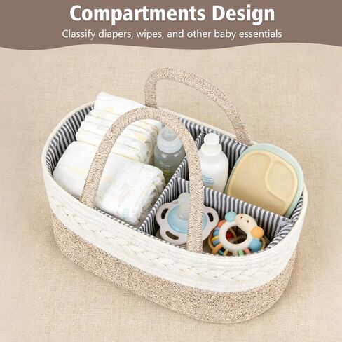 Diaper Caddy Organizer, Cotton Rope Baby Basket for Nursery and Changing Table, Portable Diaper Caddy with Removable Divider for Newborn Parents, Home and Car Travel, White and Brown in Kuwait