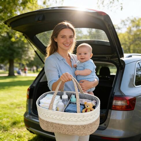 Diaper Caddy Organizer, Cotton Rope Baby Basket for Nursery and Changing Table, Portable Diaper Caddy with Removable Divider for Newborn Parents, Home and Car Travel, White and Brown in Kuwait