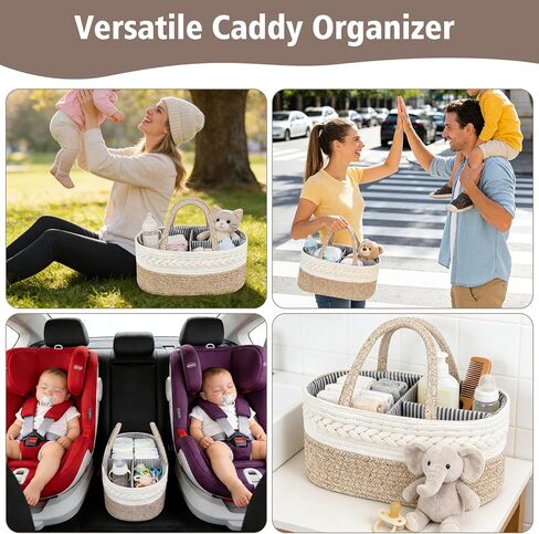 Diaper Caddy Organizer, Cotton Rope Baby Basket for Nursery and Changing Table, Portable Diaper Caddy with Removable Divider for Newborn Parents, Home and Car Travel, White and Brown in Kuwait