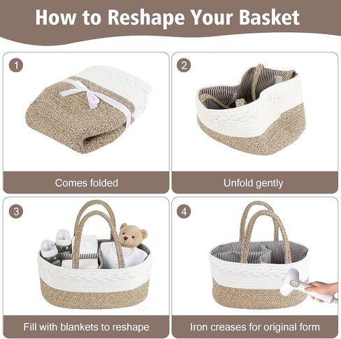 Diaper Caddy Organizer, Cotton Rope Baby Basket for Nursery and Changing Table, Portable Diaper Caddy with Removable Divider for Newborn Parents, Home and Car Travel, White and Brown in Kuwait