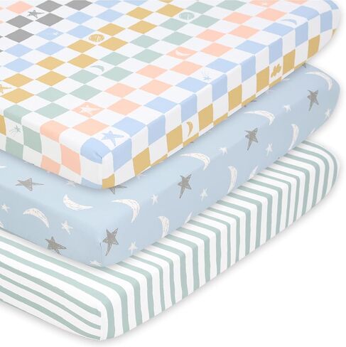 The Peanutshell 3 Pack and Play Mattress Sheets, Celestial Mini Crib Sheets Fitted, Pack N Play Sheets for Graco, Dream on Me, Playpen Mattress Pad, Playard Baby Crib Sheets, Gender Neutral, Boy, Girl in Kuwait