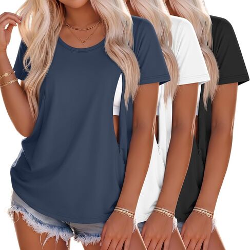 3 Pack Women's Nursing T Shirts Breastfeeding Hidden Zipper Short Sleeve Tops Crew Neck Casual Maternity Tees in Kuwait