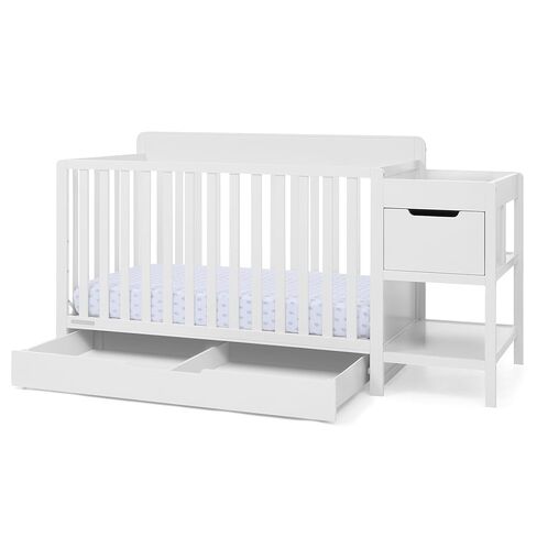 Delta Children Maya 5-in-1 Convertible Crib and Changer with Storage, Converts to Toddler Bed, Daybed, Sofa & Full Bed, Fits Standard Crib Mattress, 3 Mattress Heights for Baby Nursery, Soft Beige in Kuwait
