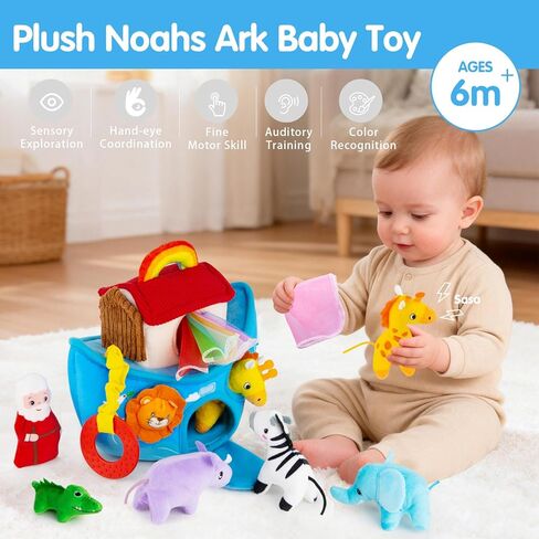 Baby Toys 6-12 Months - Noah's Ark Toy with Stuffed Animals, Baptism Gifts for Boys Girls, Montessori Toys for 6 Month Old Babies Sensory Tissue Box Toy for 1 Year Old in Kuwait