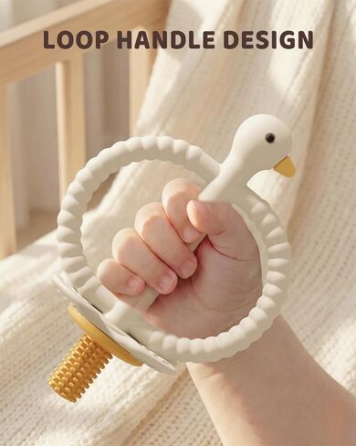 ChooKaChoo Baby Teether Toy and Training Toothbrush, Duck Silicone Teething Toys for Babies 3-12 Months, Double Ring Easy-Grip Design, Food-Grade BPA Free, Multi-Texture Relief for Gums & Molars in Kuwait