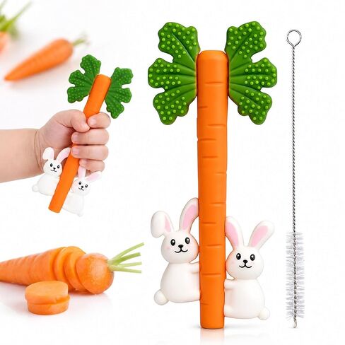 Baby Teething Toys Silicone Carrot Rabbit Hollow Teething Tubes -Sensory Chew Toys Over 3 Months - Teether Straws for Teething Relief -BPA Free Infant Toys Baby Shower Gifts Baby Essentials (1) in Kuwait