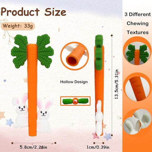 Baby Teething Toys Silicone Carrot Rabbit Hollow Teething Tubes -Sensory Chew Toys Over 3 Months - Teether Straws for Teething Relief -BPA Free Infant Toys Baby Shower Gifts Baby Essentials (1) in Kuwait