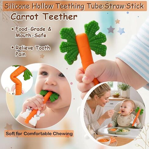 Baby Teething Toys Silicone Carrot Rabbit Hollow Teething Tubes -Sensory Chew Toys Over 3 Months - Teether Straws for Teething Relief -BPA Free Infant Toys Baby Shower Gifts Baby Essentials (1) in Kuwait