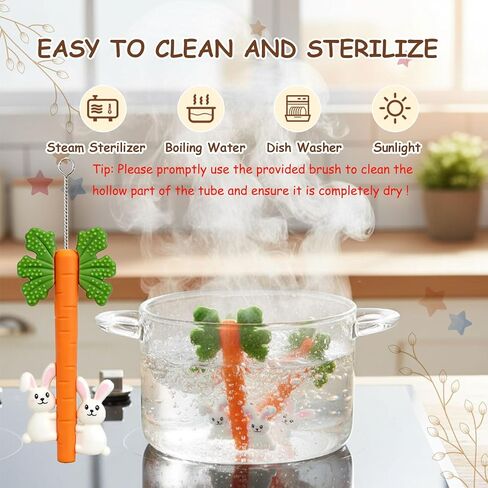 Baby Teething Toys Silicone Carrot Rabbit Hollow Teething Tubes -Sensory Chew Toys Over 3 Months - Teether Straws for Teething Relief -BPA Free Infant Toys Baby Shower Gifts Baby Essentials (1) in Kuwait